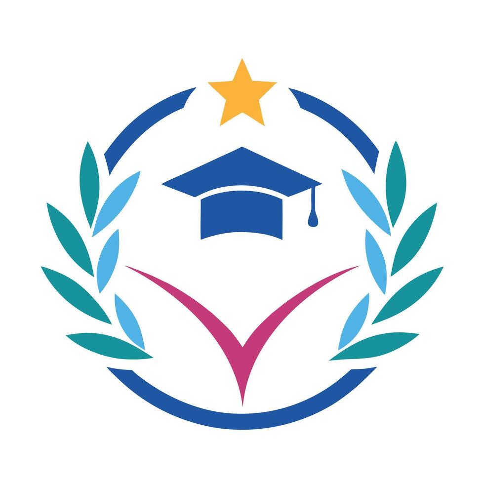 Graduation Cap in Wreath with Star, Colorful Design on White Background vector