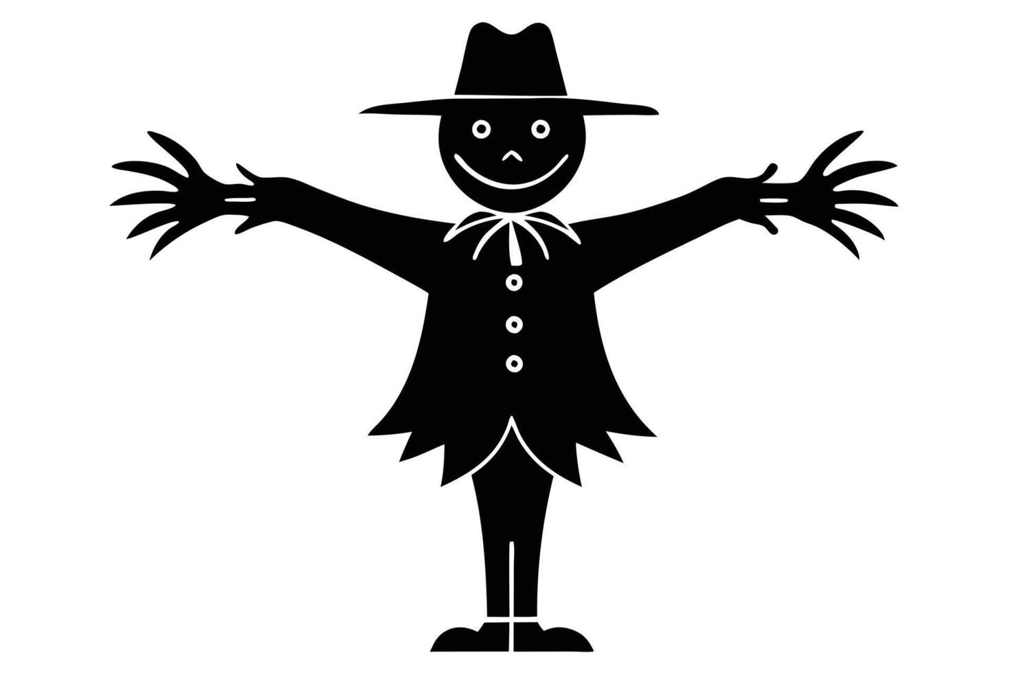 Black Silhouette of Scarecrow with Hat, Bowtie, and Outstretched Branchy Arms vector