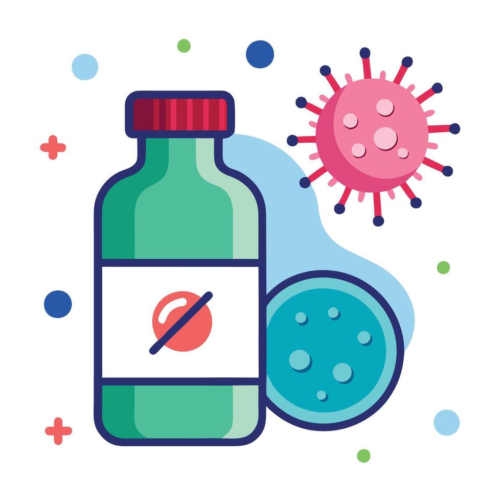 Medicine Bottle with Virus and Cell on White Background vector