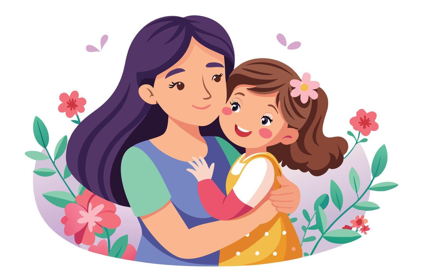 Happy Woman Hugging Her Little Daughter with Flowers on White Background vector