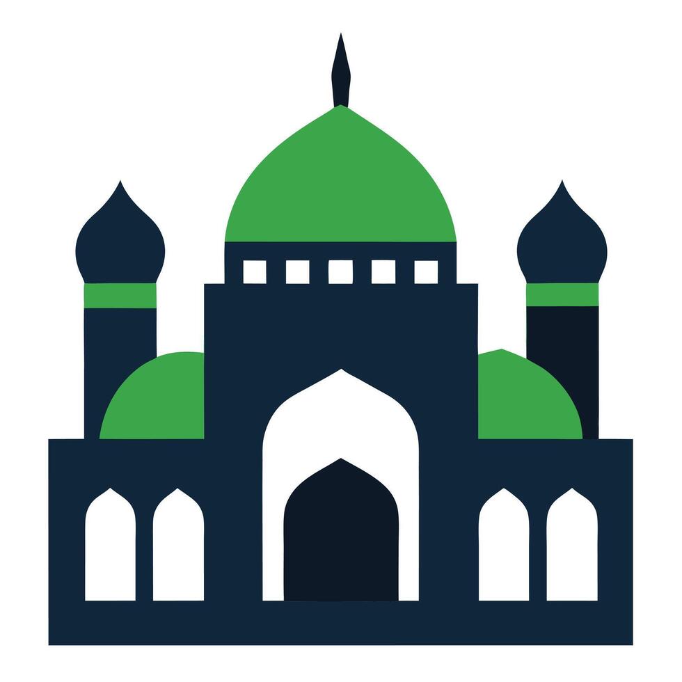 Flat of Mosque Building with Green Dome and Arches on White Background vector