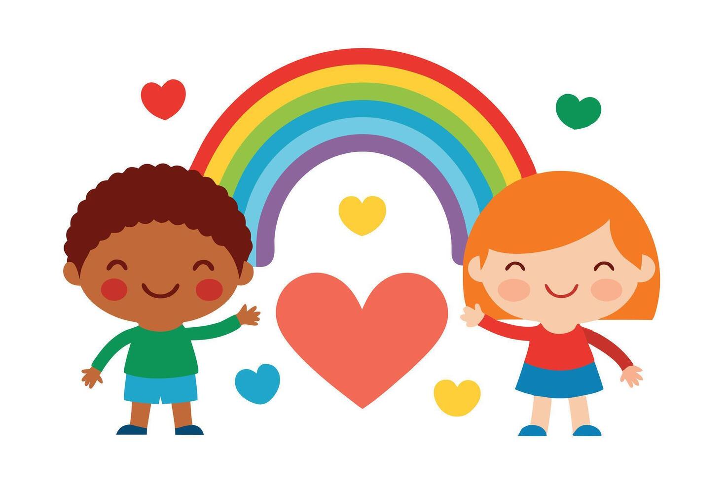 Cartoon Boy and Girl, Rainbow, Hearts, Cute Smiling Characters on White Background vector