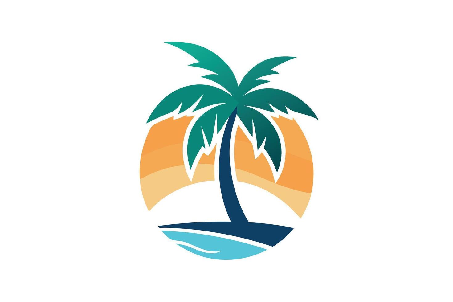 Isolated Palm Tree on Island with Turquoise Water and Sunset in Circle Logo vector