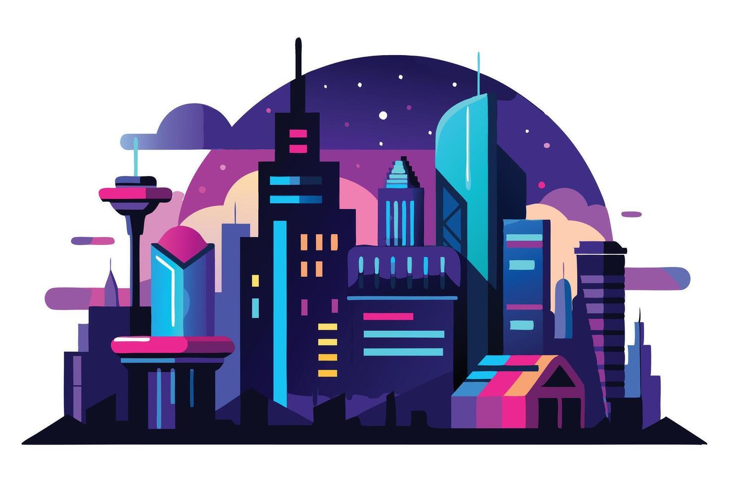 Stylized Cityscape with Modern Colorful Buildings and a Starry Sky on White Background vector