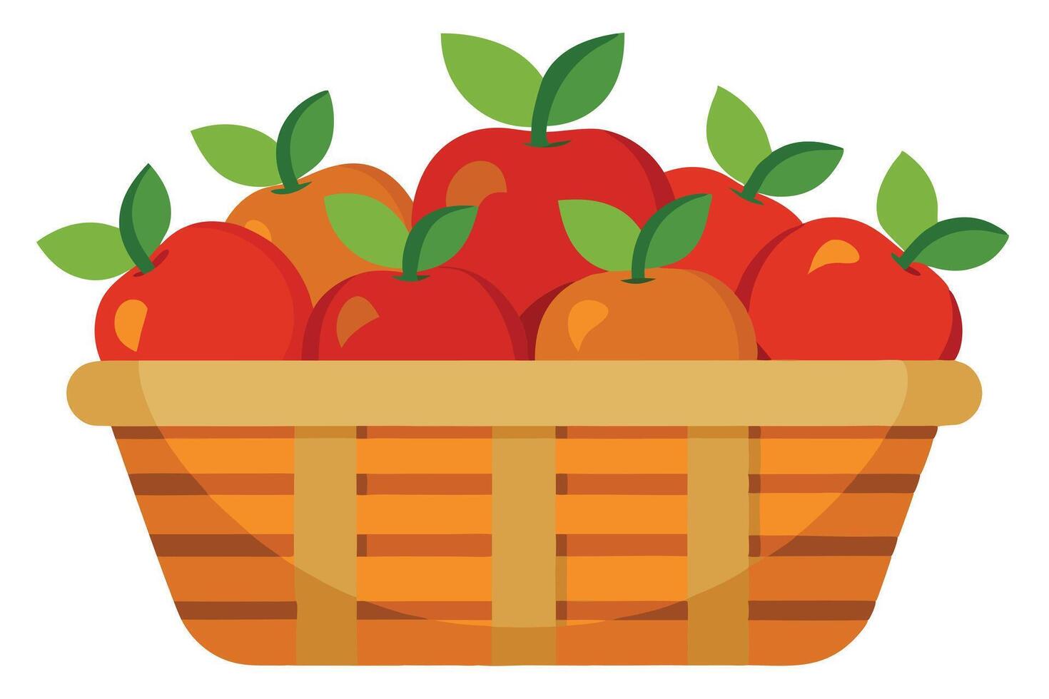 Basket of Red and Orange Apples with Green Leaves on White Background vector