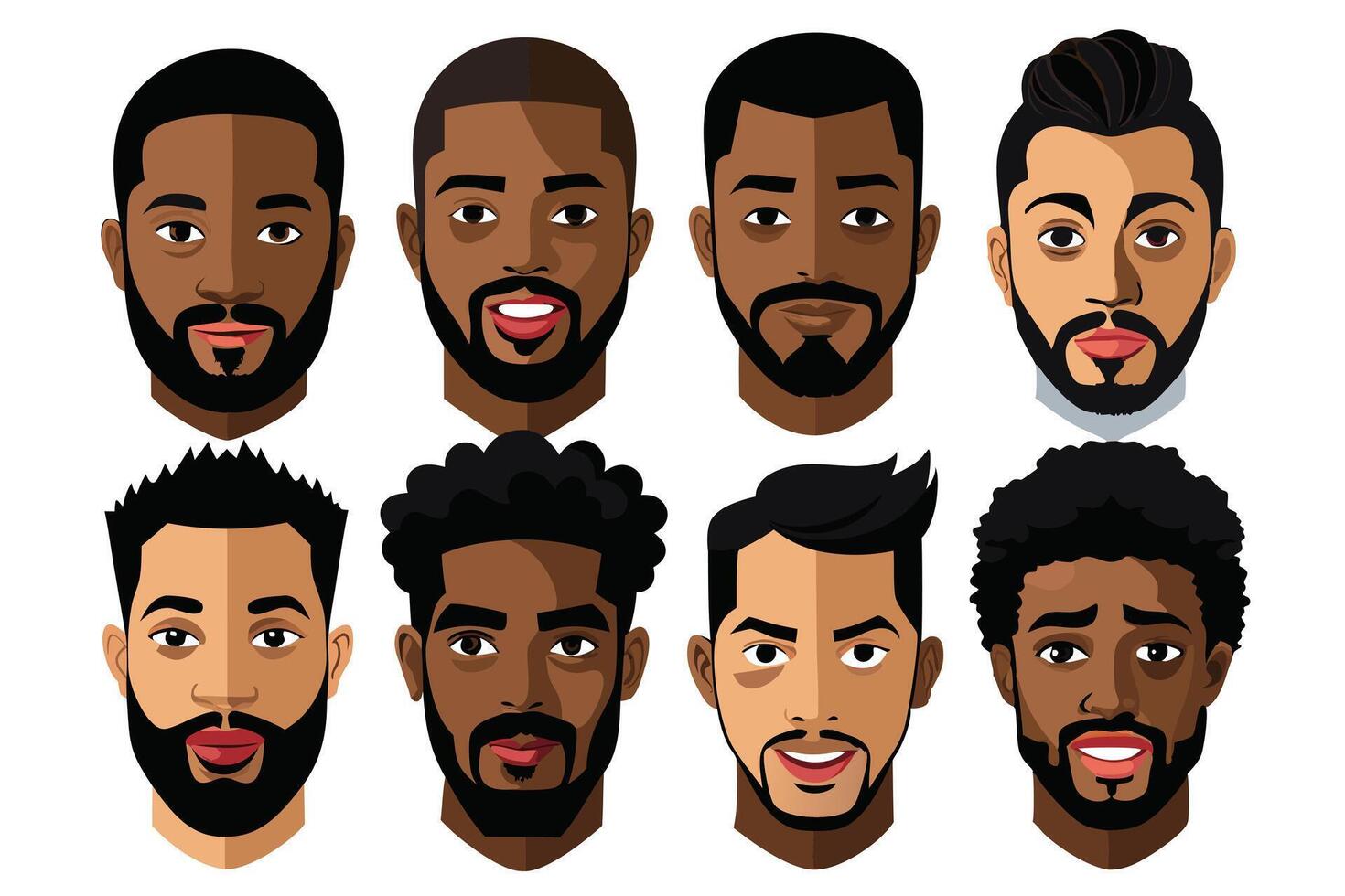 Diverse Set of Eight FlatStyle African American Men Portrait on White Background vector