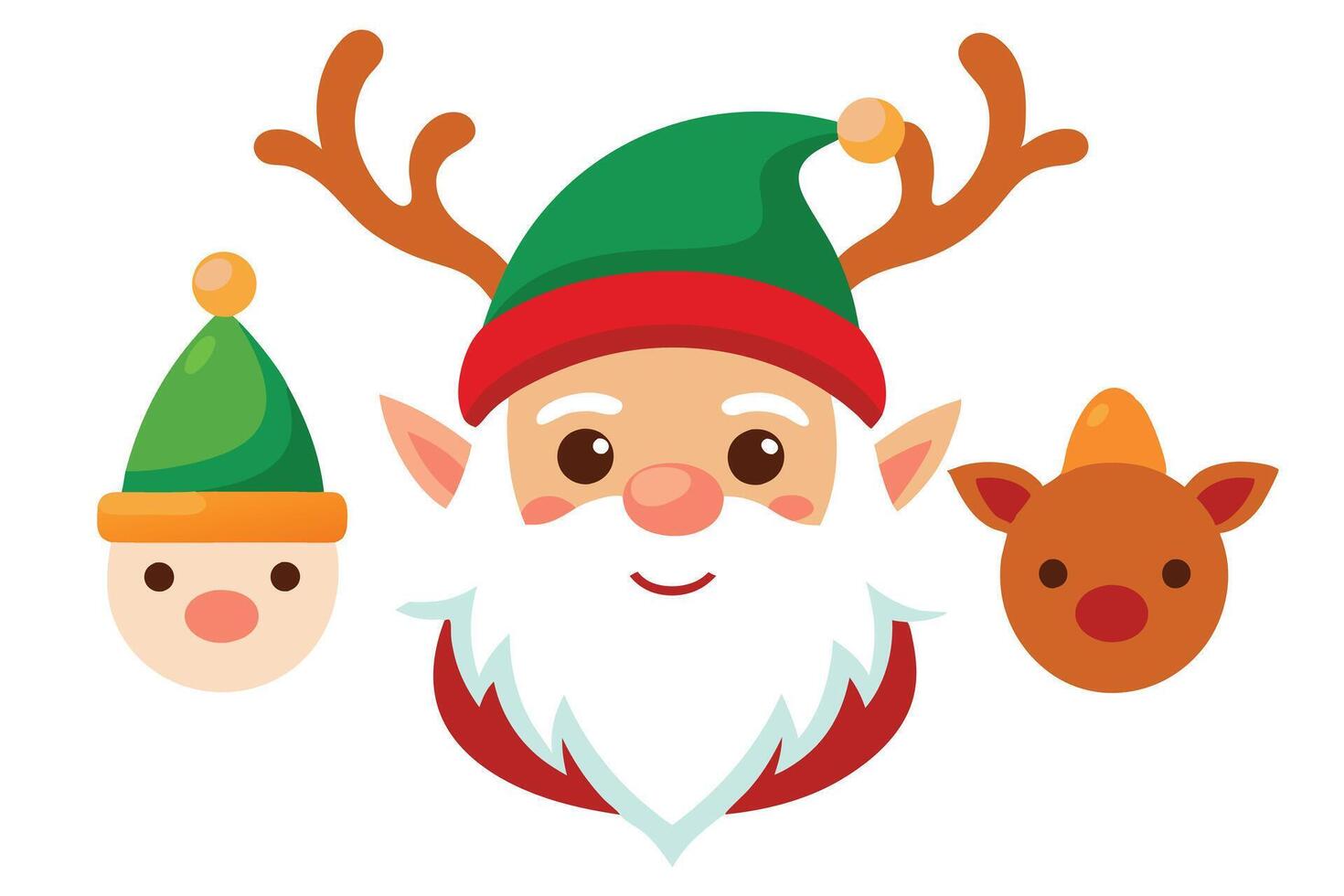 Cute Cartoon Santa Claus with Reindeer and Elf Faces on White Background vector