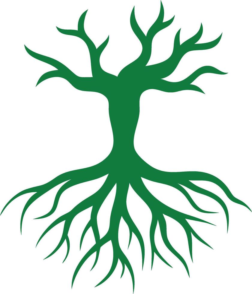 Abstract Green Tree with Roots and Branches on White Background Silhouette vector