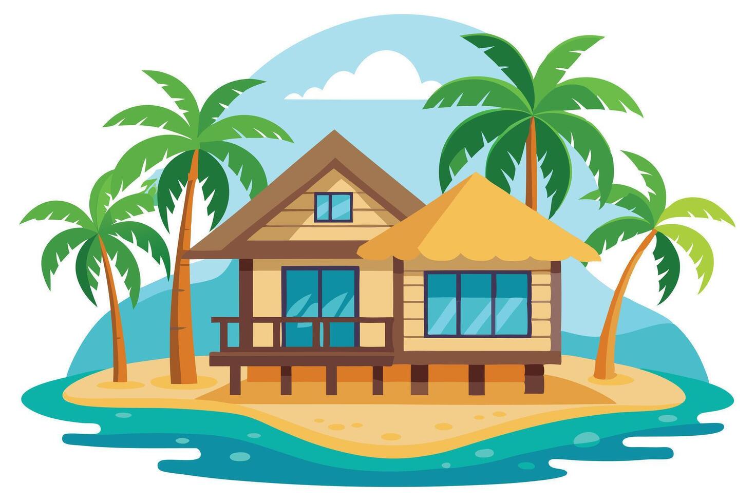Beach Hut On A Small Island, Sand, Turquoise Water, Palm Trees, and Blue Sky View vector