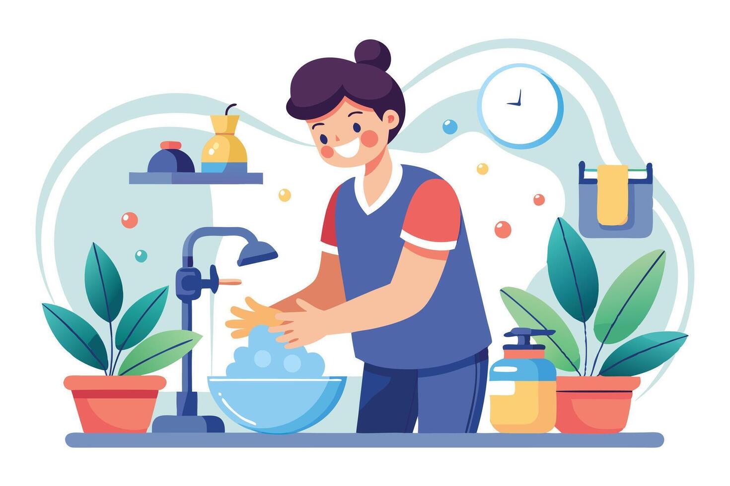 Asian Woman Washing Hands with Soap in Basin, Refreshing Bathroom, Flat vector