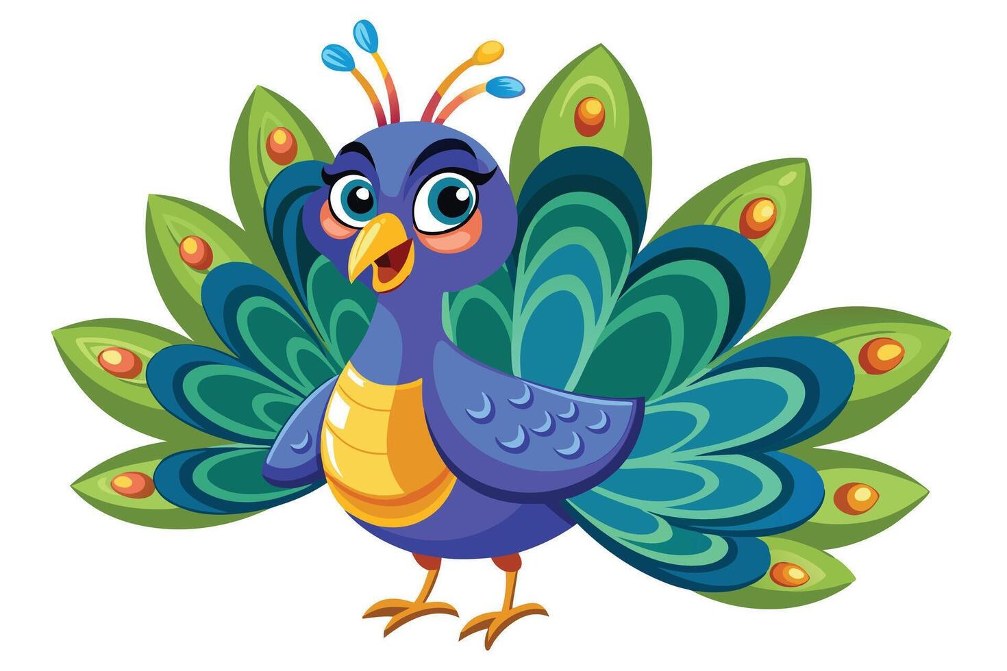 Cheerful Cartoon Peacock with Colorful Feathers on White Background vector