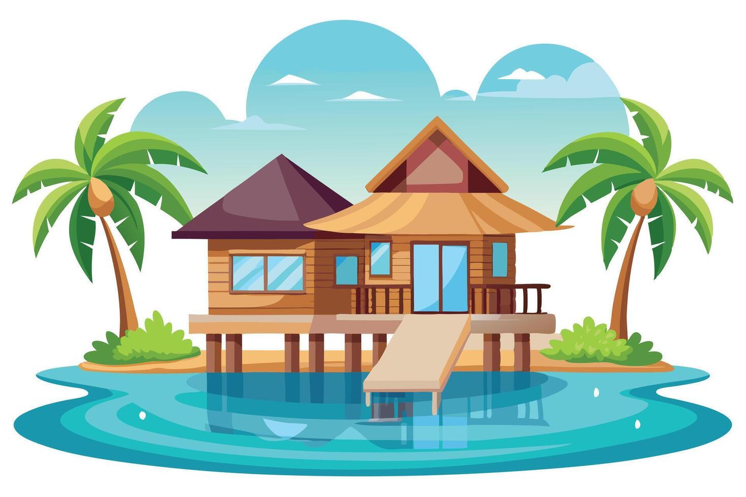Tropical Beach House On Stilts with Palm Trees and Aqua Water vector