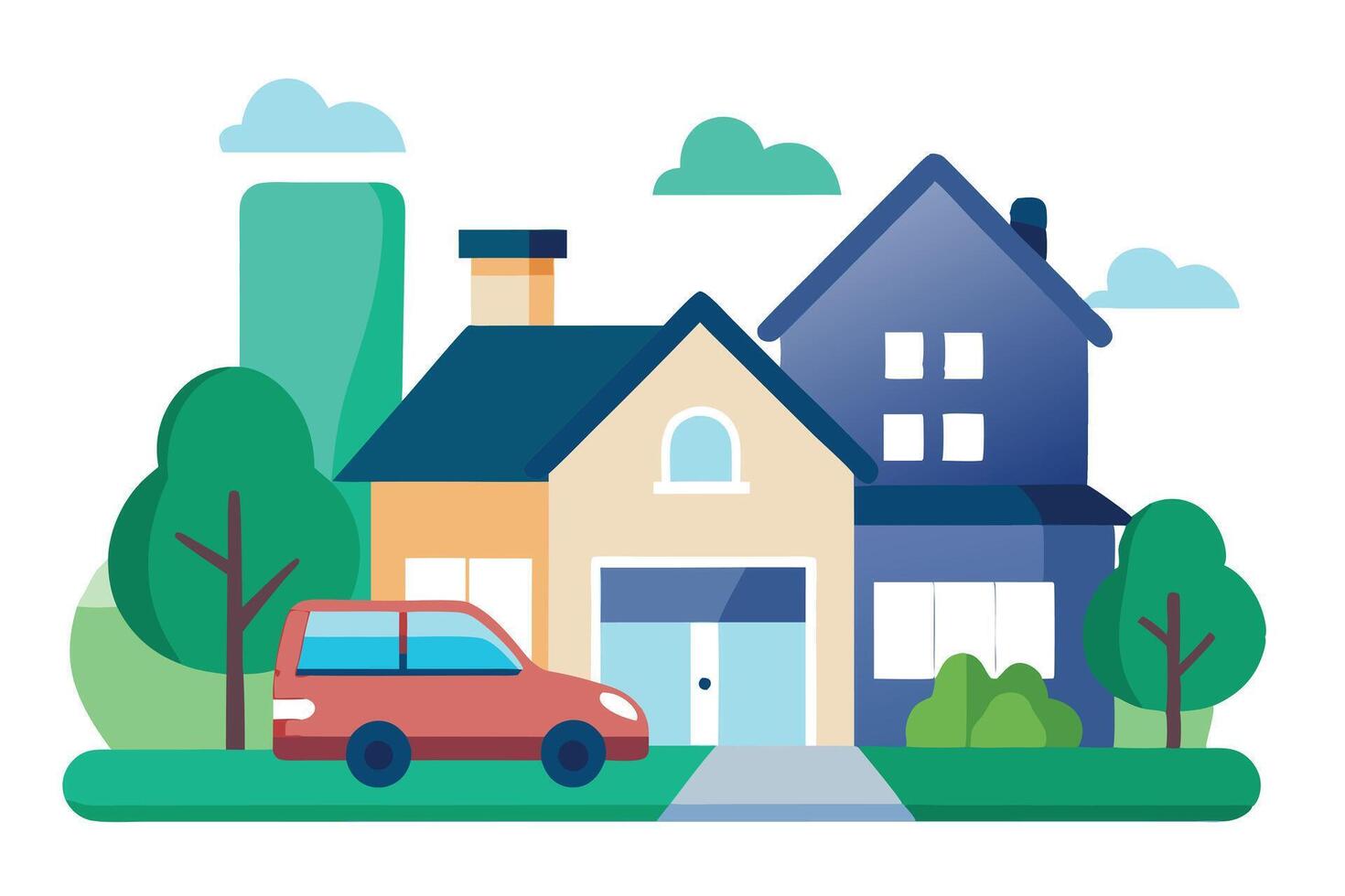 Colorful Suburban Houses with Trees and Red Car Flat Style vector