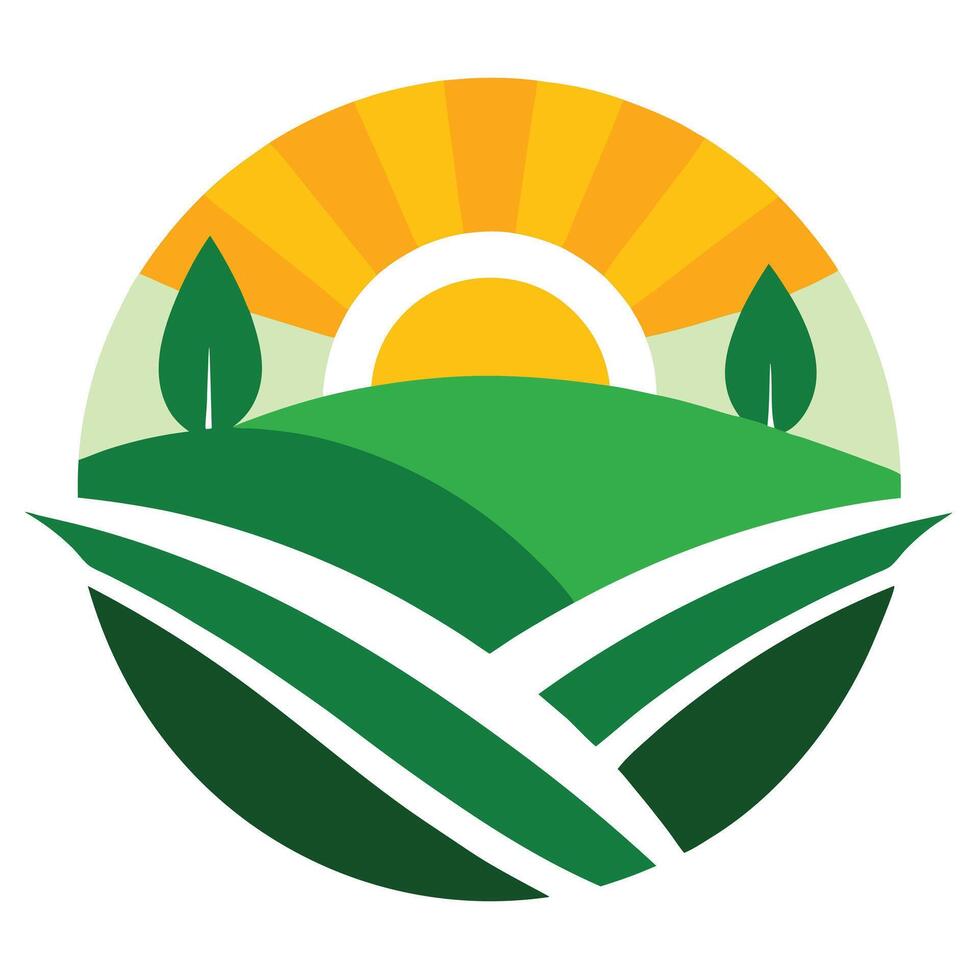 Circular Landscape with Green Fields, Sun, and Trees on White Background vector