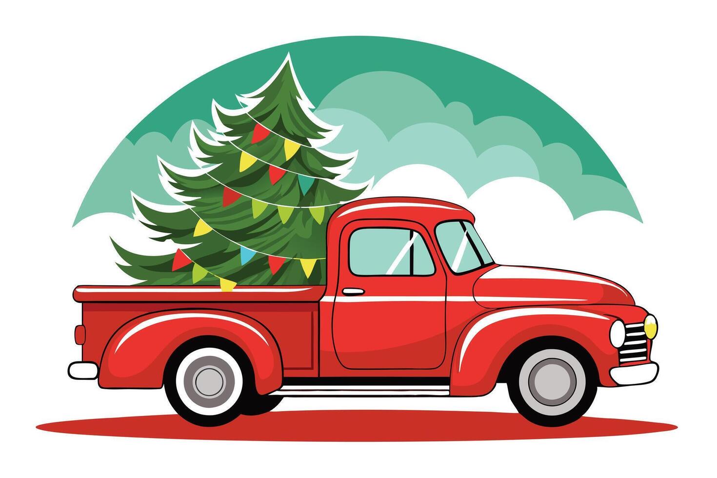 Red Pickup Truck with Christmas Tree on White Background vector