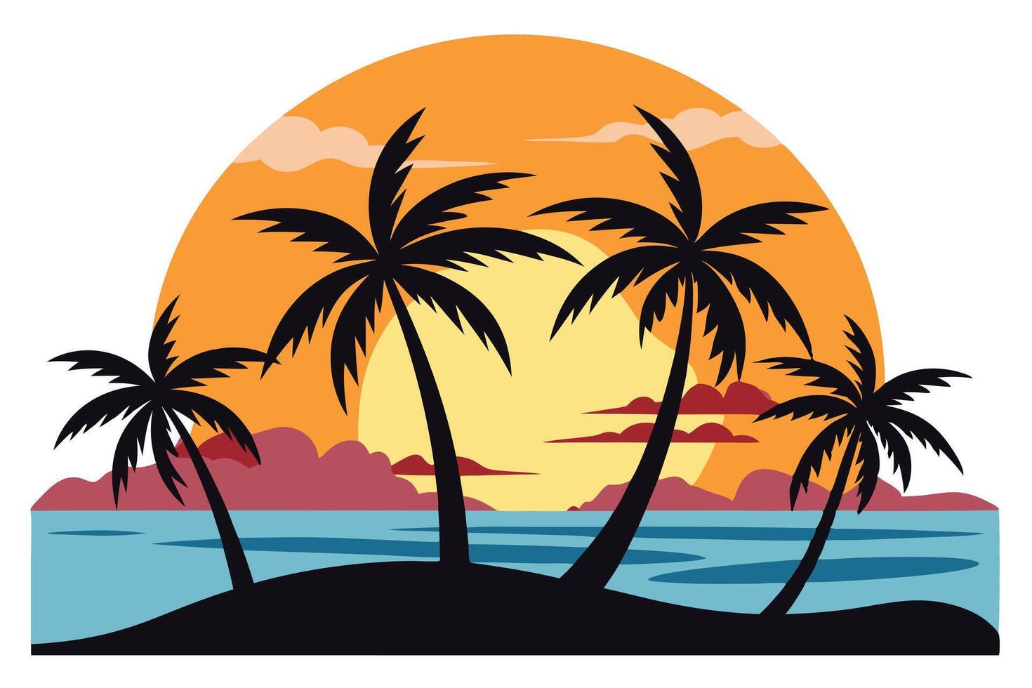 Colorful Tropical Island Getaway Palm Trees Sunset Silhouette Seascape Background vector