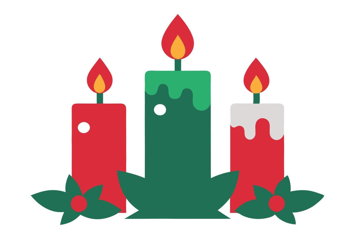 Three Lit Candles with Green Leaves on White Background Flat Design vector