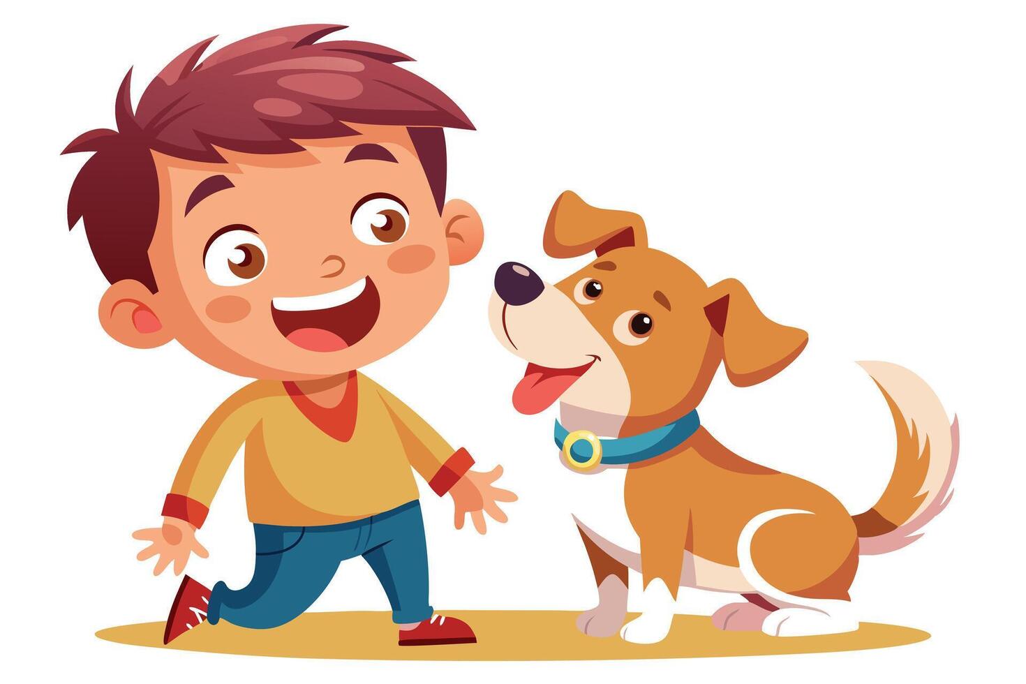 Cheerful Cartoon Boy with Dog Isolated on White Smiling Kid with Cute Pet Design vector