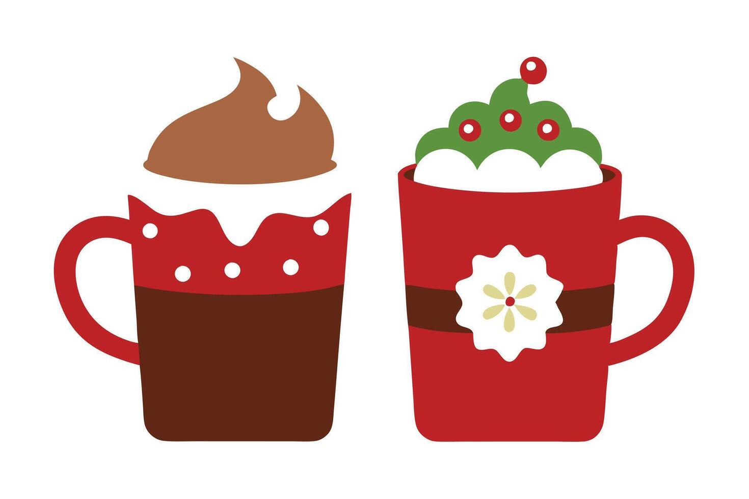 Two Festive Red Mugs with Toppings on White Background, Cocoa and Cream Design vector