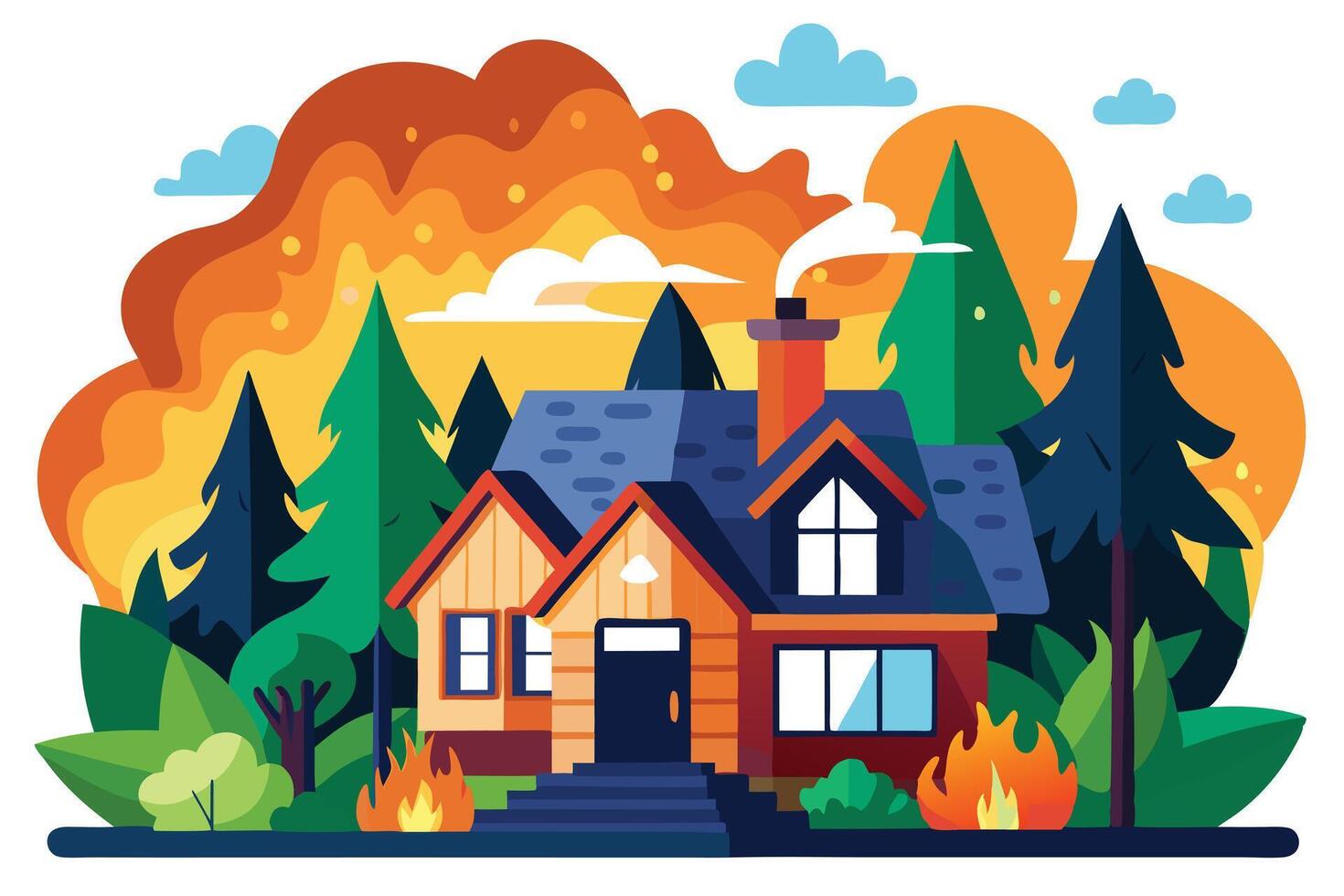 Cartoon House near Fire Flames in Forest with Smoke, Trees, Cloudy Sky Icon Style vector
