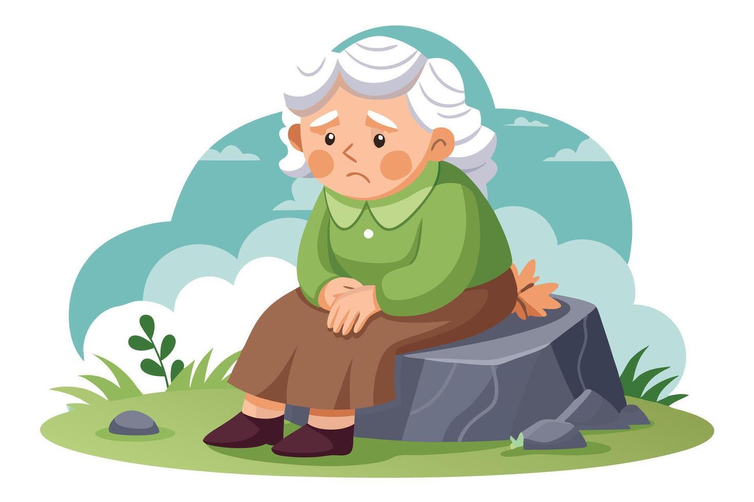 Sad Cartoon Grandma Sitting on Rock with Worried Expression in Nature vector