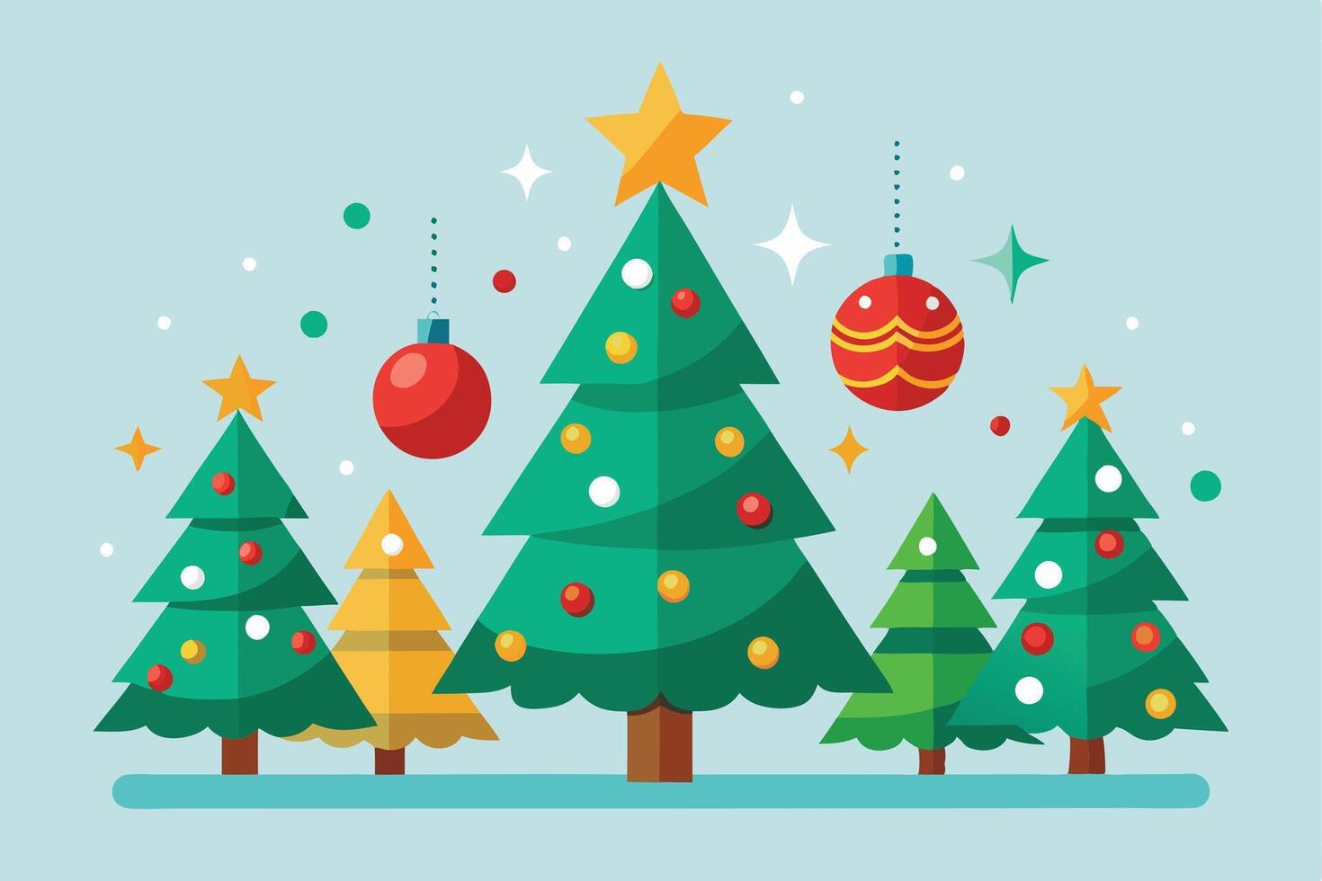 Cartoon Christmas Tree Decoration with Ornaments and Stars on Blue Background vector