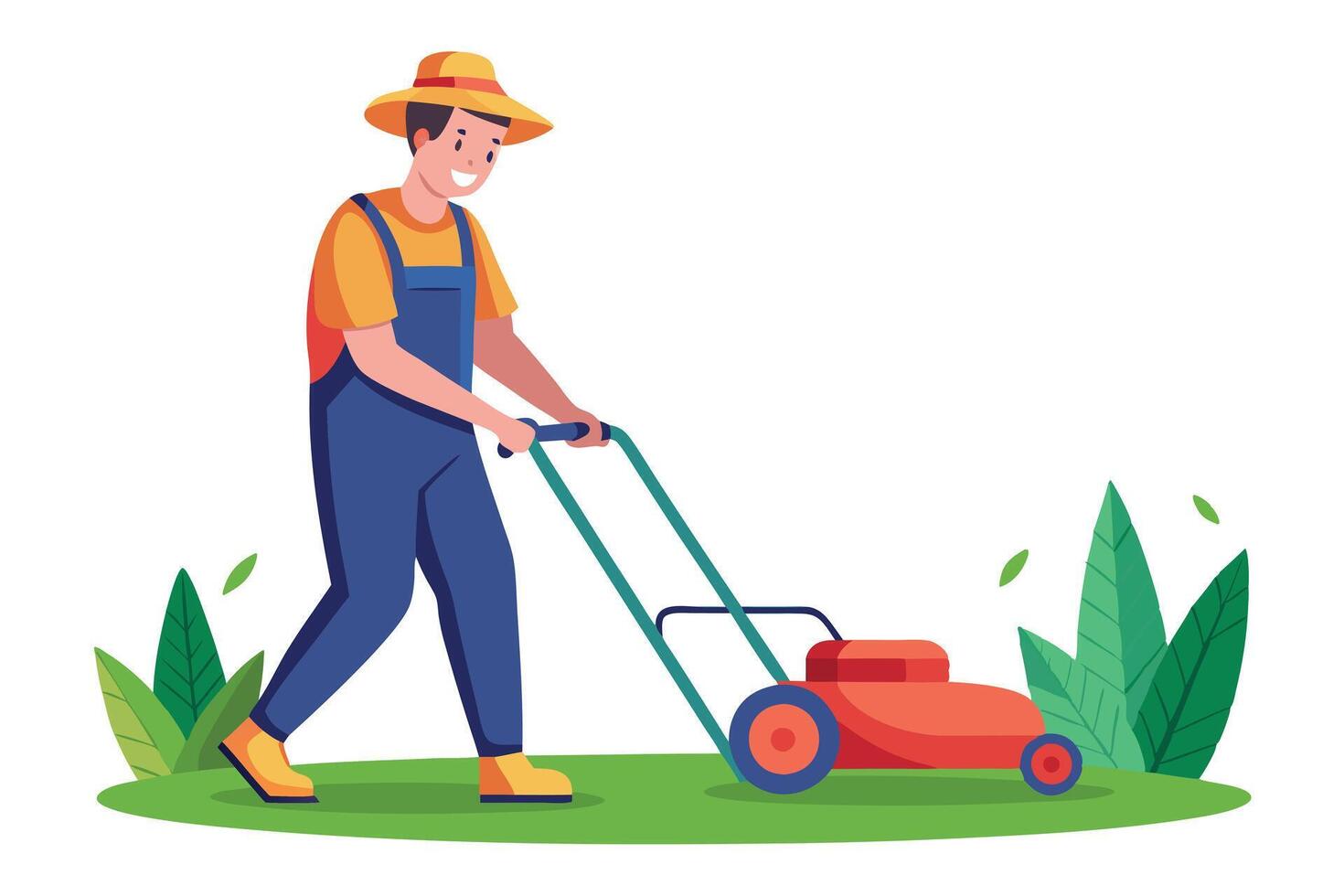 Smiling Man Mowing Lawn with Orange Lawn Mower on Grass, Against White Background vector