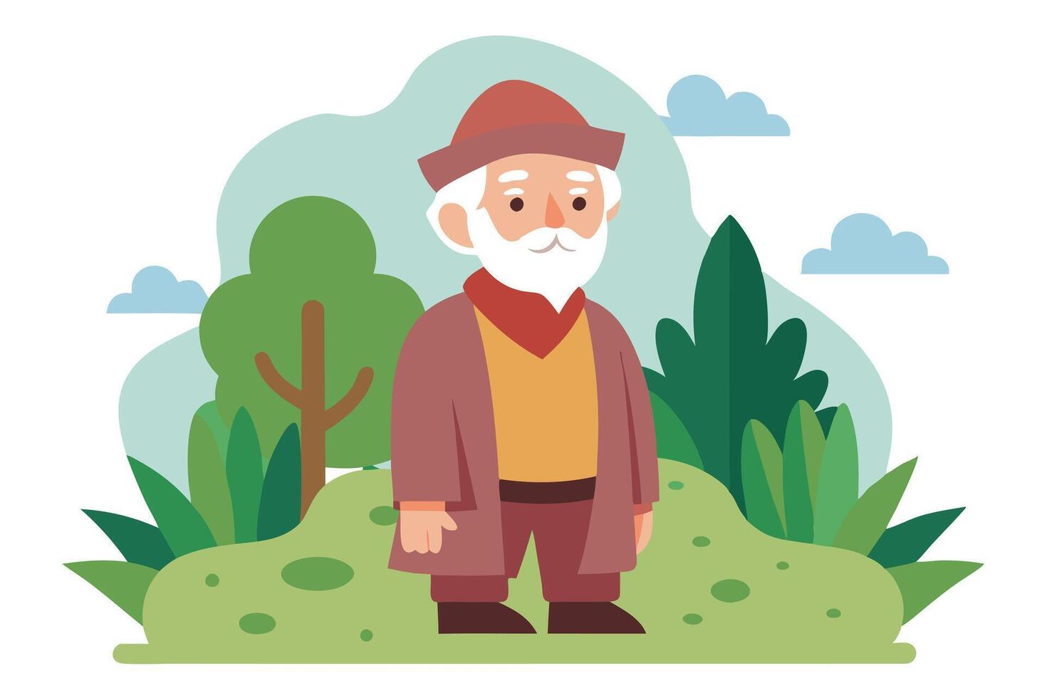 Cartoon of an Old Man with White Beard Standing on Green Land vector