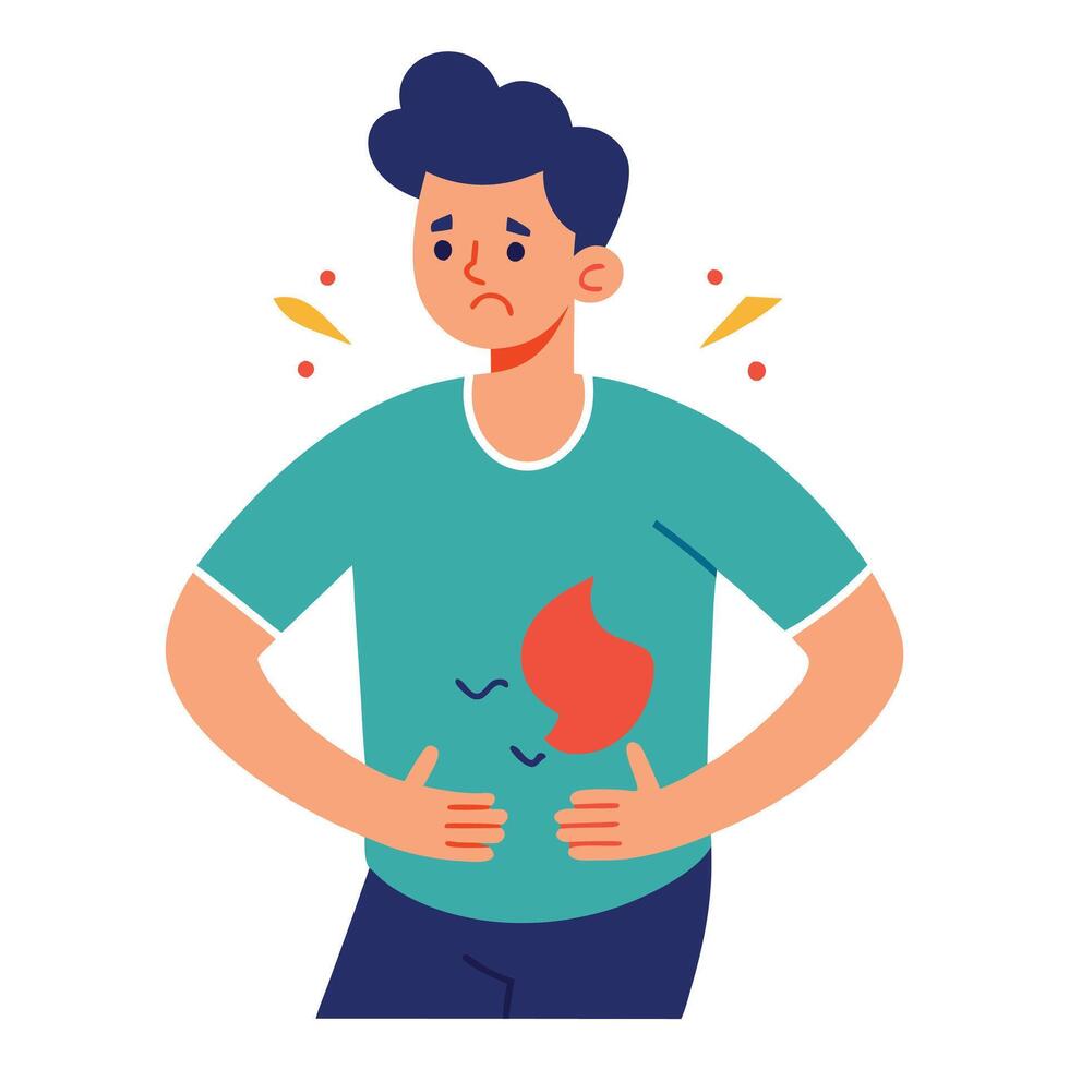 Man Feels Unwell, Holding Stomach Due to Painful Problem Flat Style vector