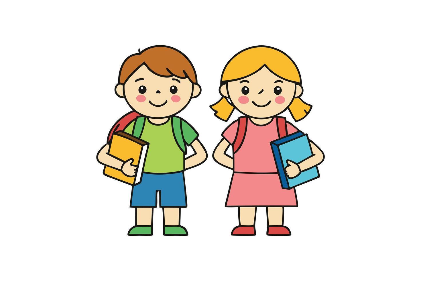 Cheerful Cartoon Boy and Girl with Backpacks and Books on a White Background vector