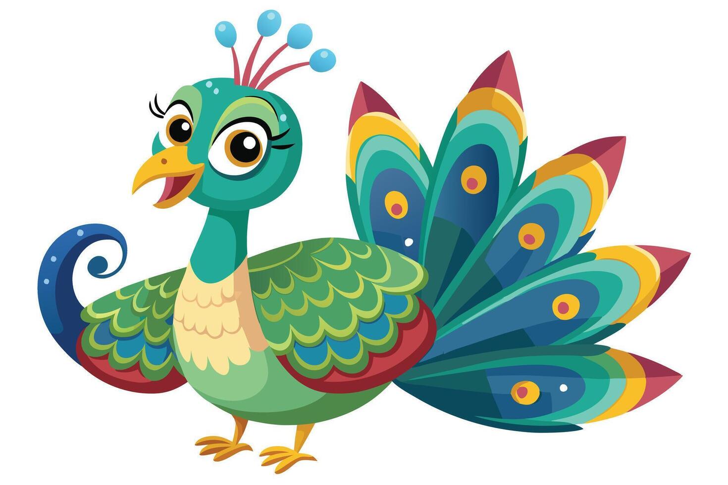 Cartoonish Peacock With Teal Feathers, Gold Beak, Big Eyes on a White Background vector