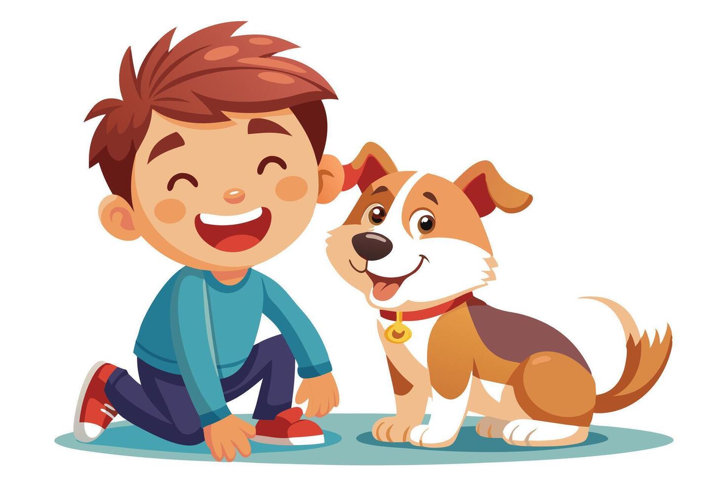 Happy Cartoon Boy Kneeling with Dog Friend on White Background vector
