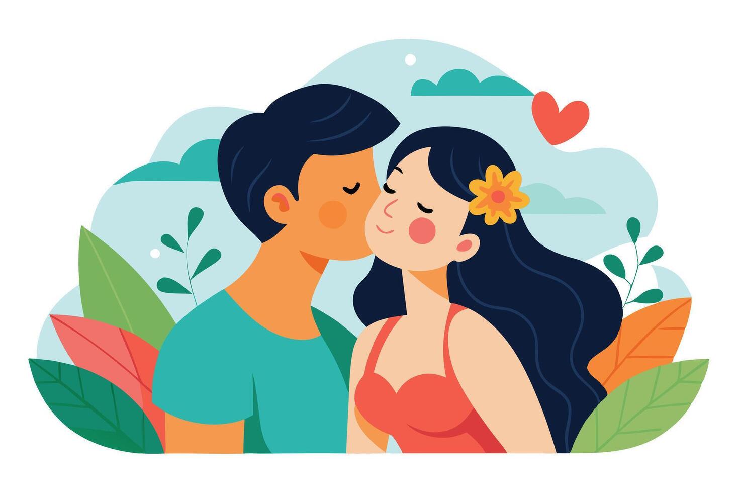 Affectionate Couple Kiss, Woman with Flower, Colorful Flat Leaves, White Background vector