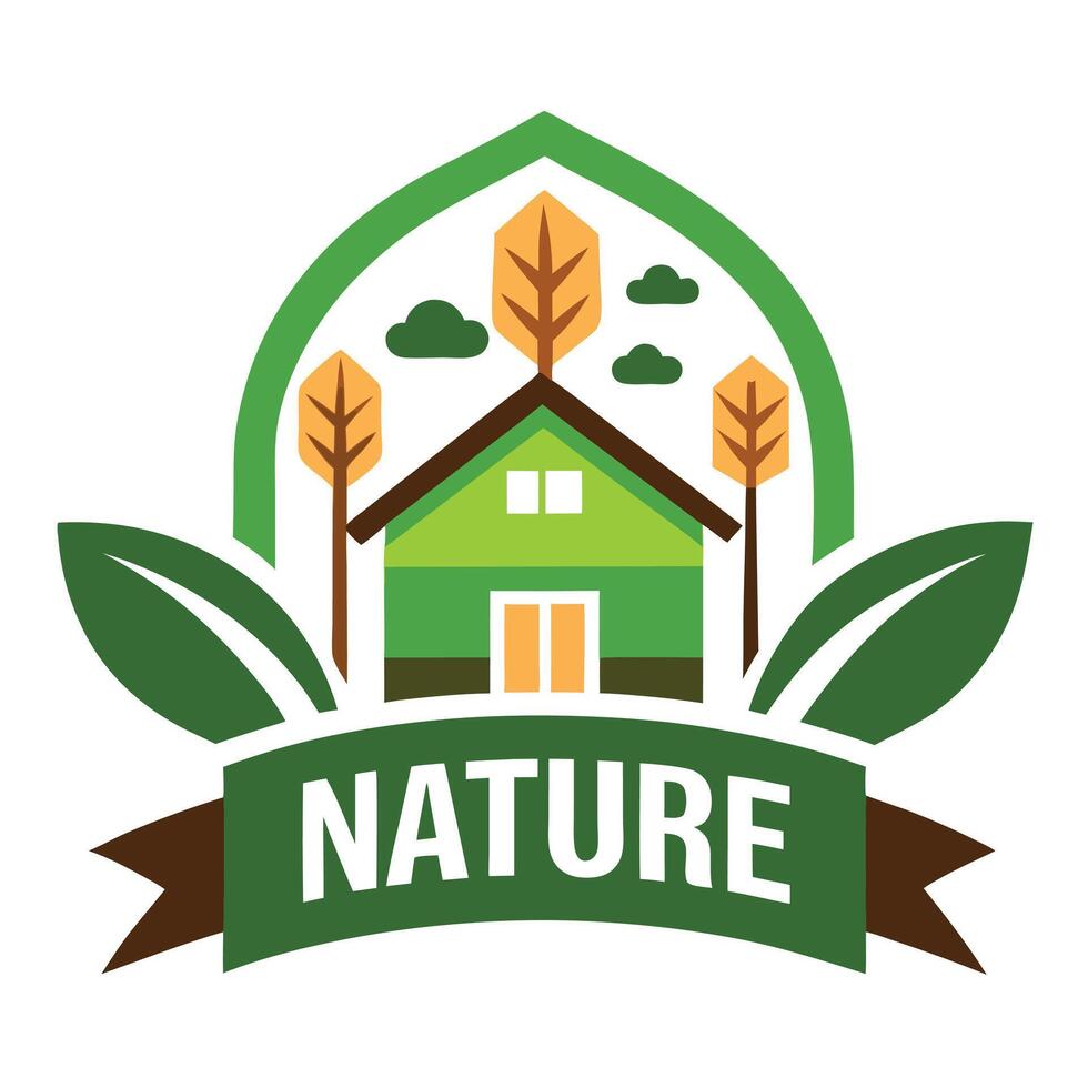 Green House Icon with Trees and Leaves Nature Emblem on Ribbon Isolated on White vector