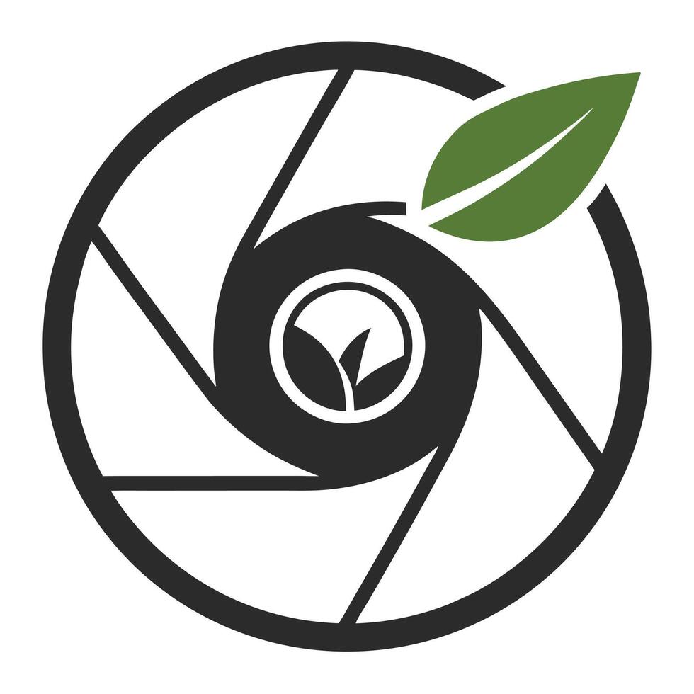 Abstract Circular Design with Lens Aperture and Green Leaf on White Background vector