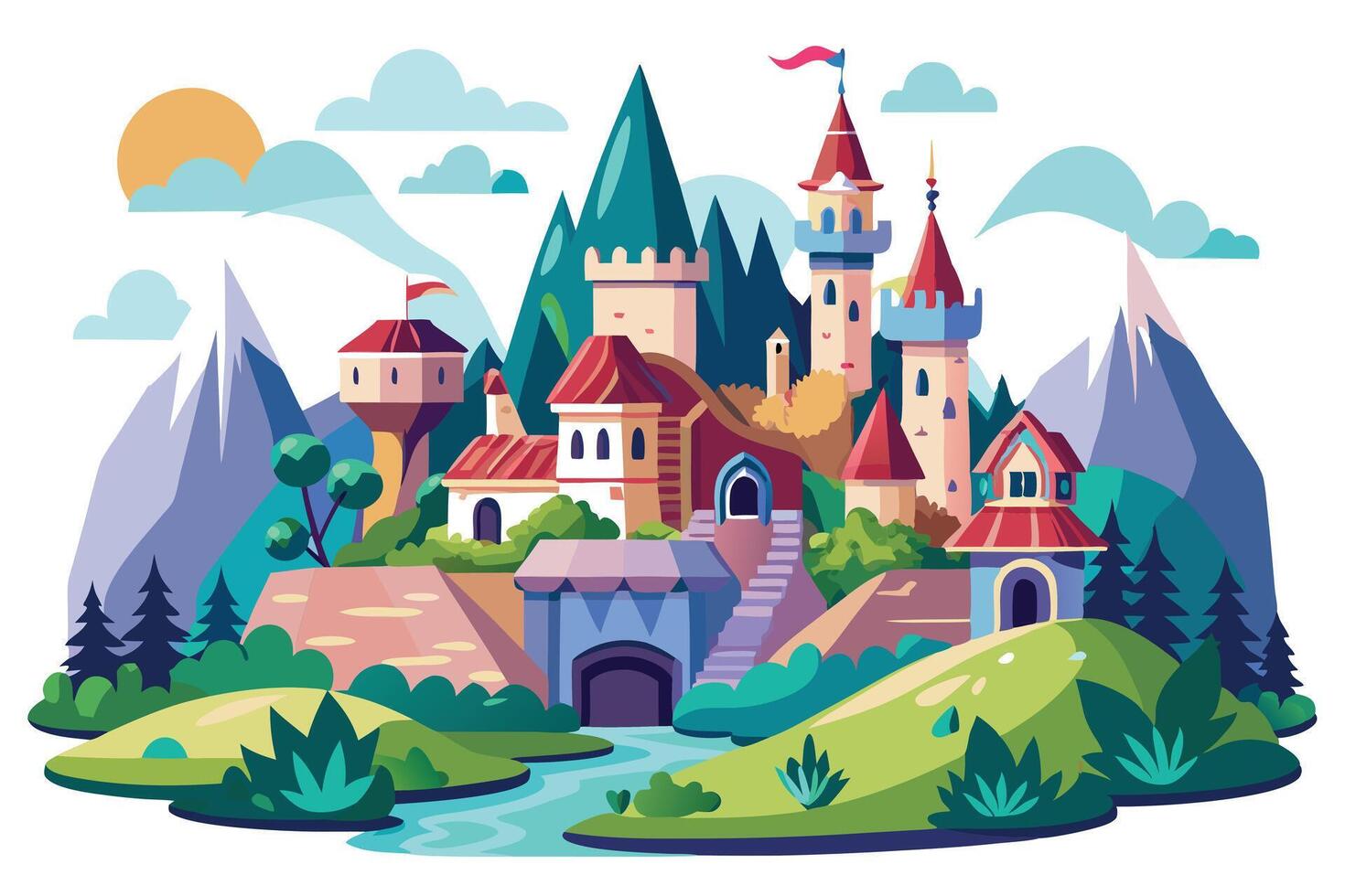 Fantasy Castle Landscape with Towers, Mountains and River Flat Design vector