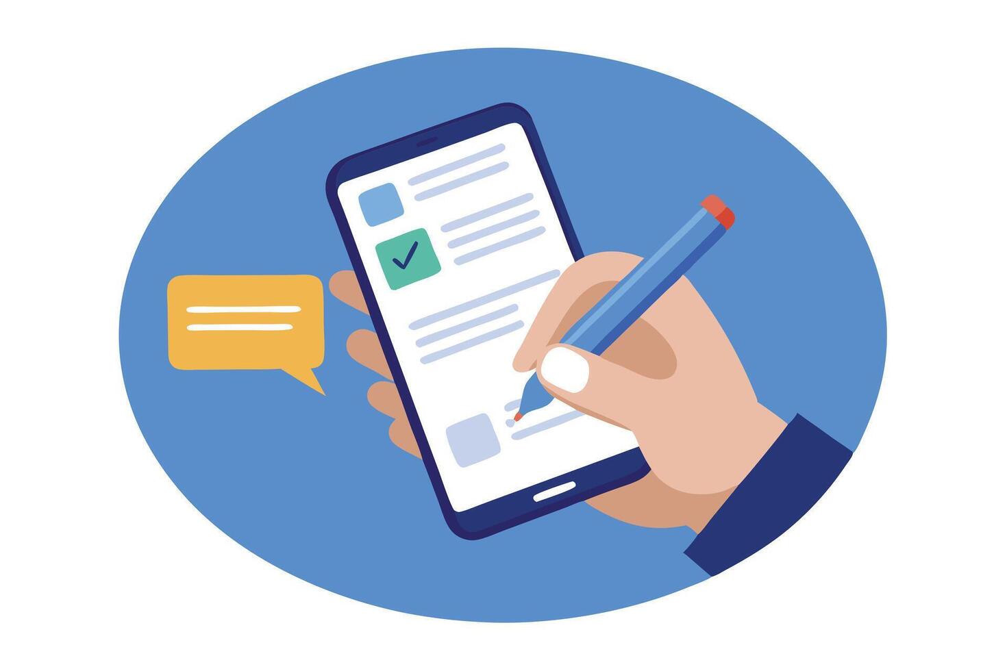Hand Holding Phone with Checklist App Completing Digital Form Stylus Writing vector