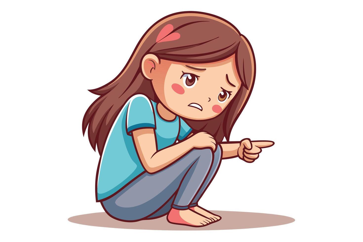 Upset Brunette Cartoon Girl Pointing Fingers Downward with a White Background vector