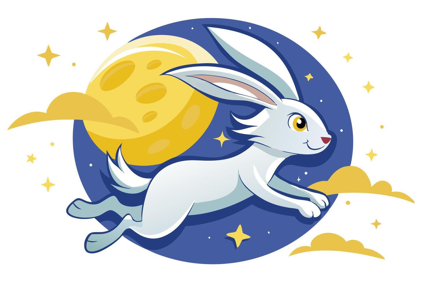 Cartoon White Rabbit Leaping Across Night Sky, Moon, Clouds, and Stars vector