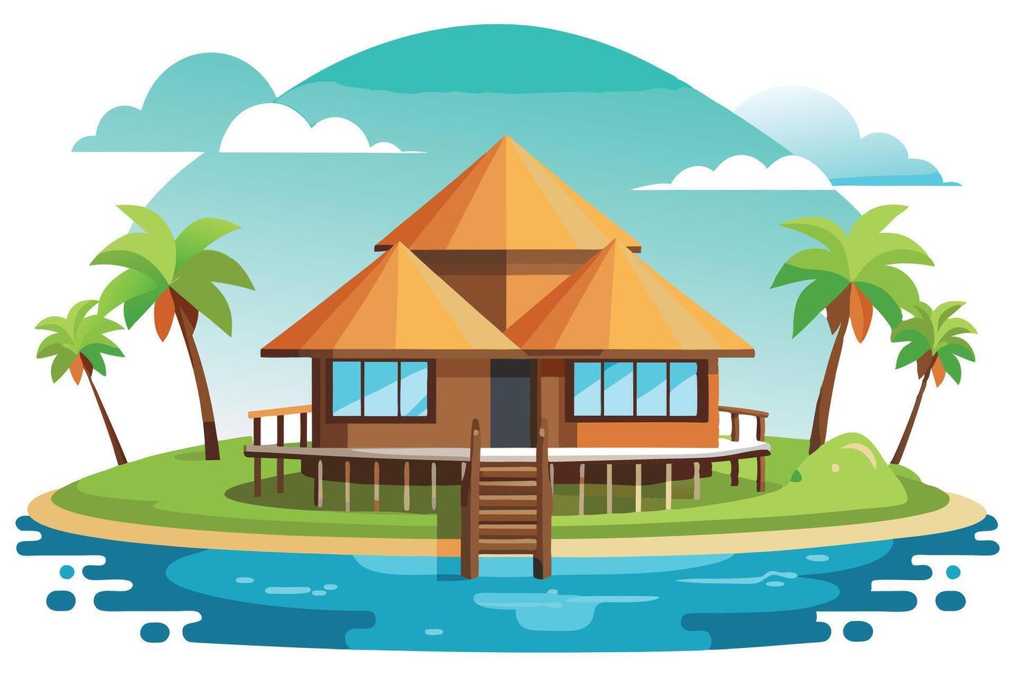 Island hut on serene water with sky, lush palm trees under cloudy blue sky view vector