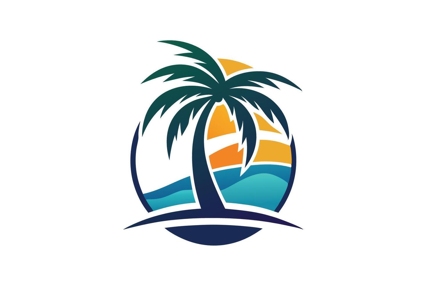 Vibrant Palm Tree with Sea Waves and Sunset on White Background vector