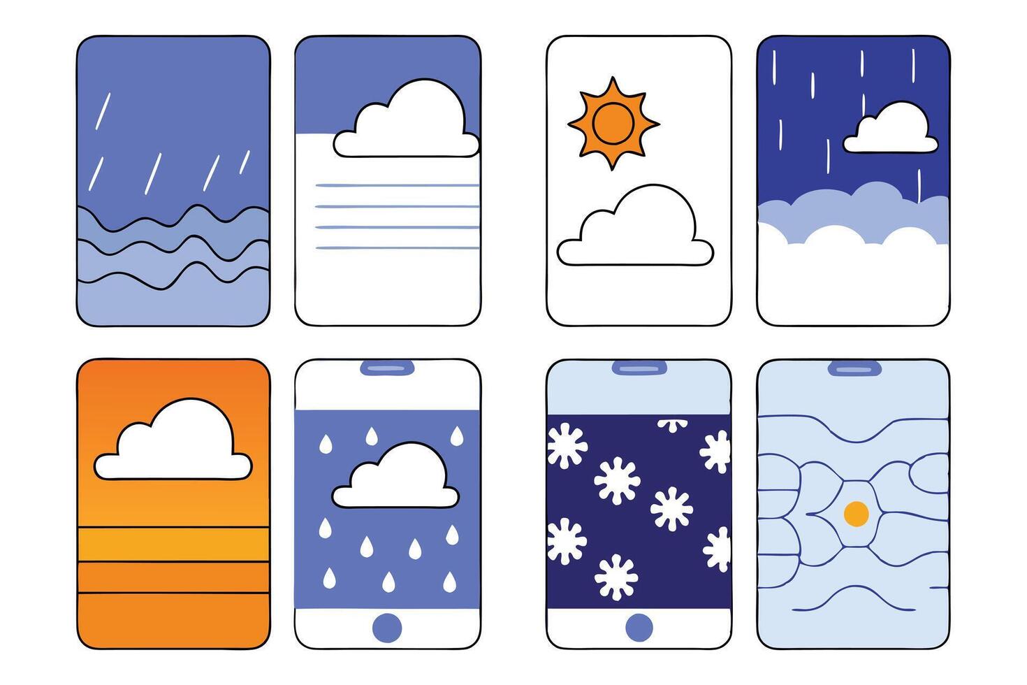 Set of Smartphones Displaying Various Weather Conditions with Hand Drawn Style vector