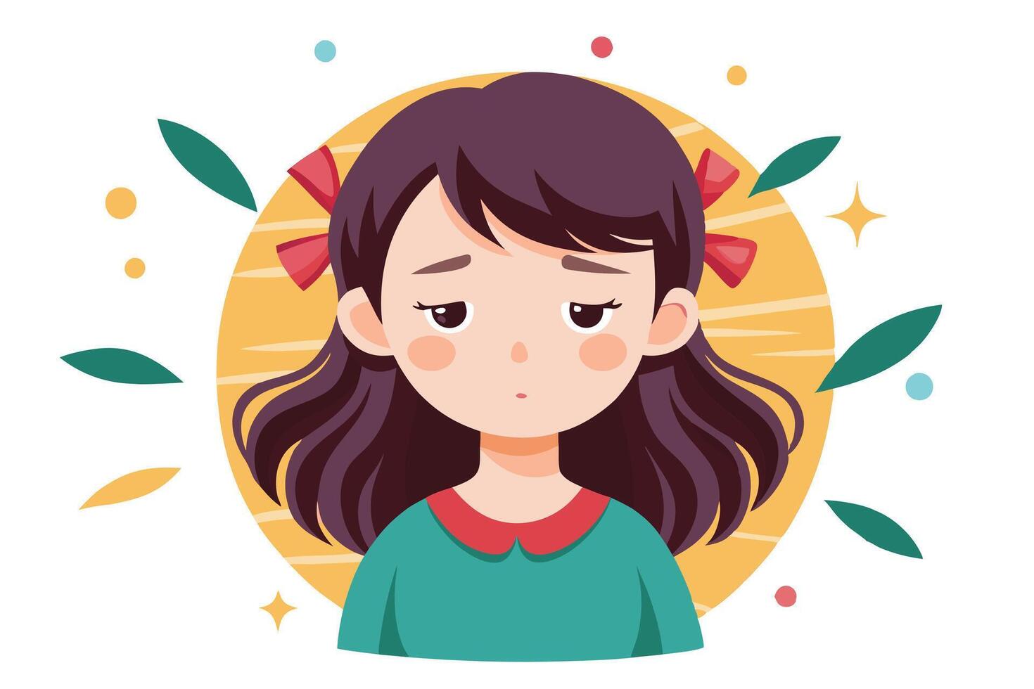 Cartoon Young Sad Girl With Red Bows and Long Brown Hair on White Background vector