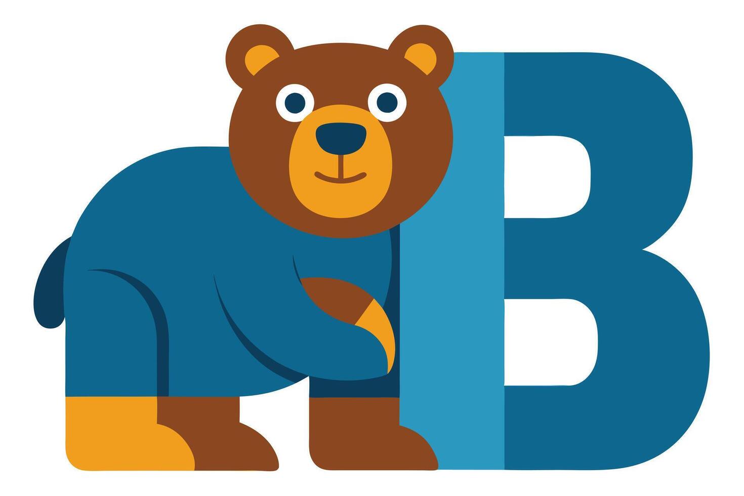 Cartoon Bear with Brown Fur and Blue Body Leaning on Letter B on White vector