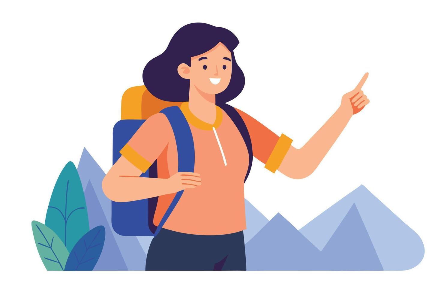 Smiling Flat Woman Backpacking Adventure, pointing away with white background vector
