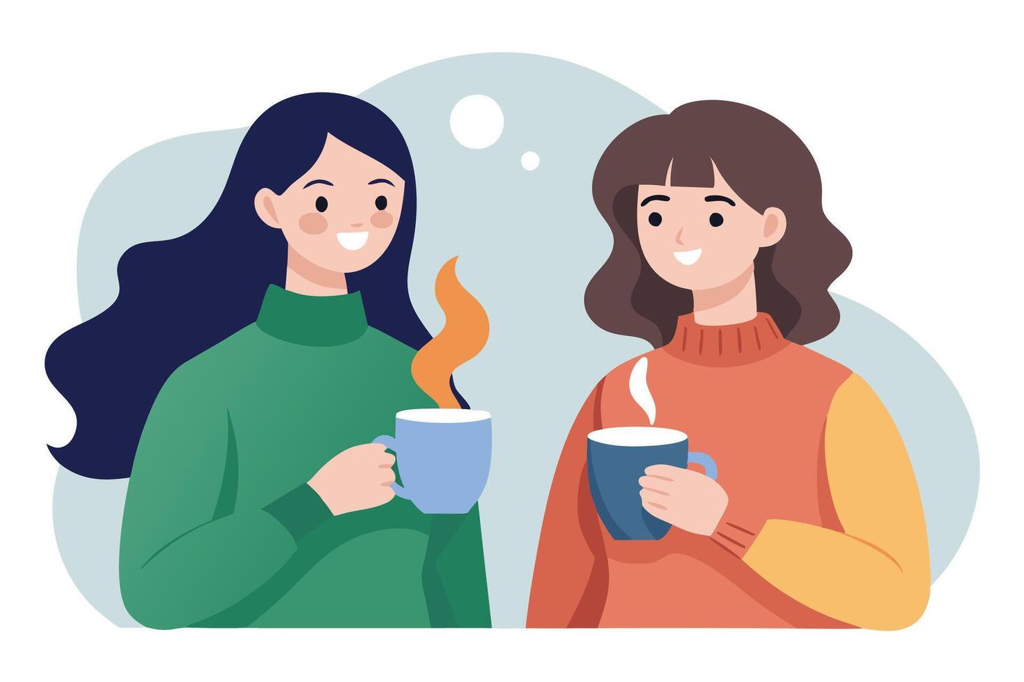 Two Smiling Young Women Holding Hot Coffee Mug Flat Design vector