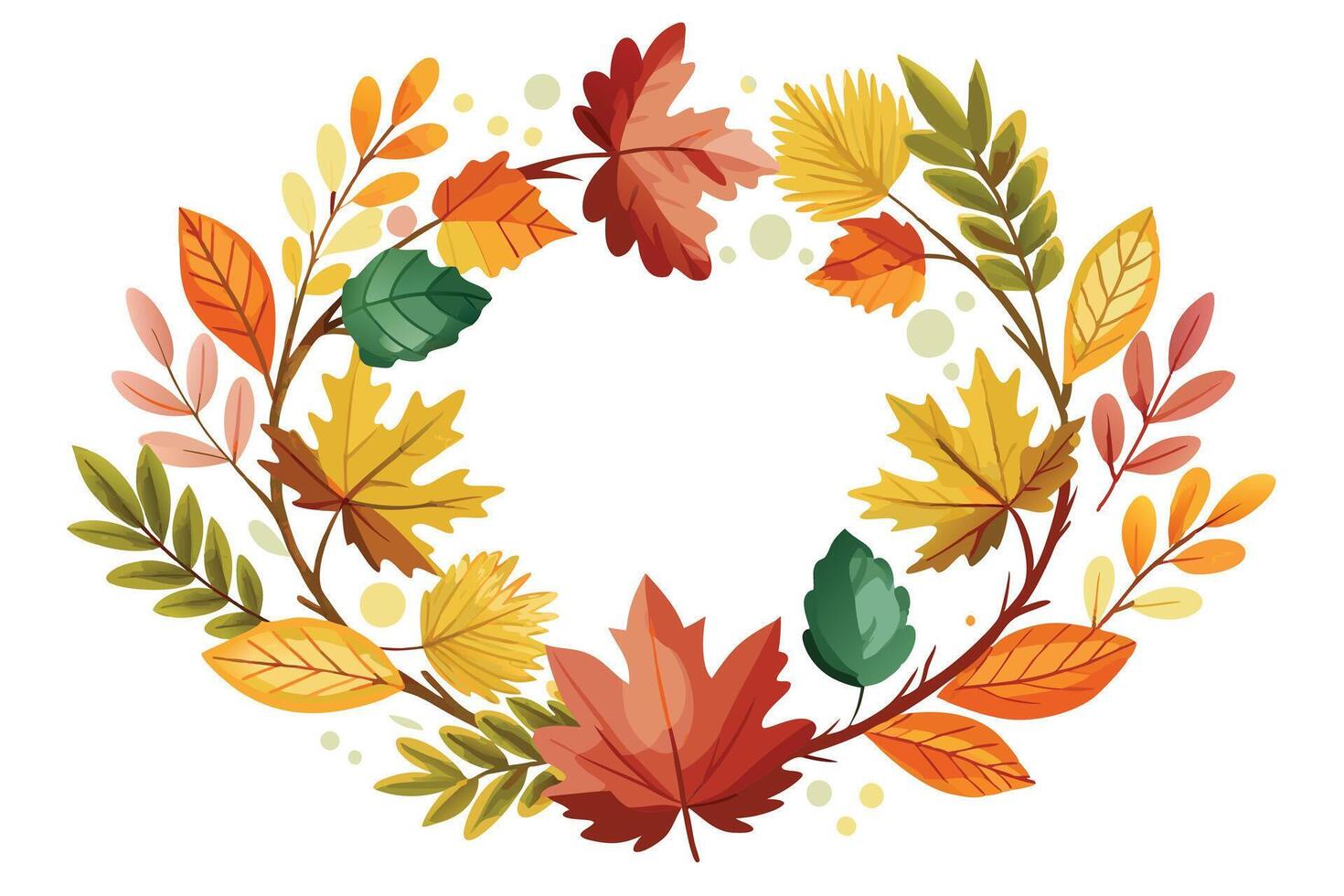 Autumn Leaves Wreath with Maple and Oak Foliage on White Background Round vector