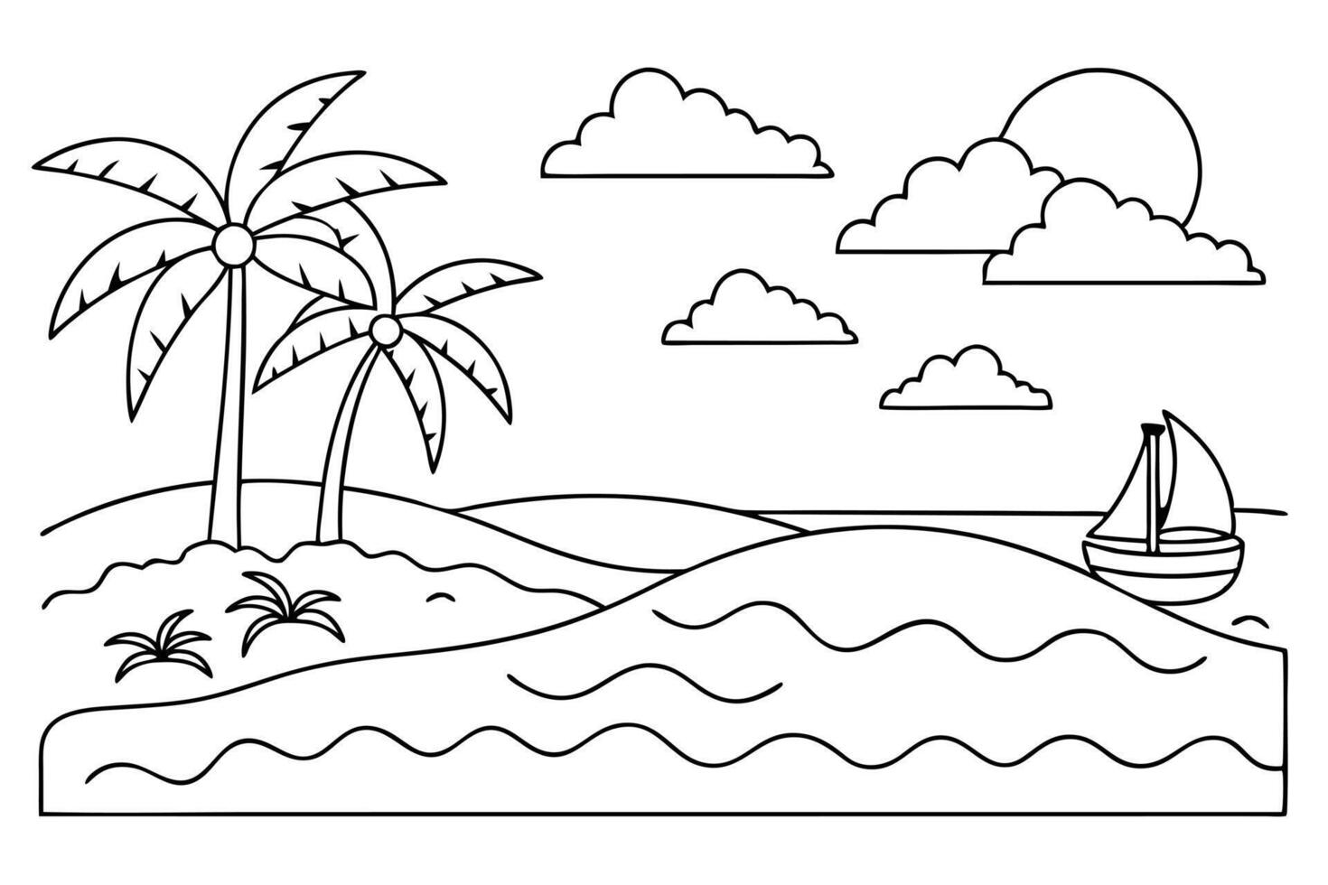 Outline Drawing Tropical Beach Scene, Palm Trees, Sailboat, Clouds, and Sun vector