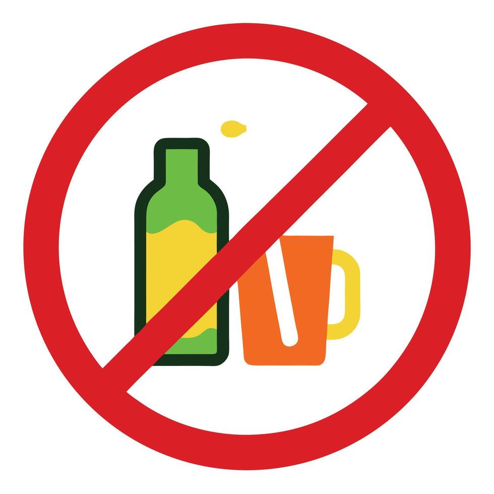 No Alcohol Bottle and Mug Icon with Red Prohibition Circle on White Background vector