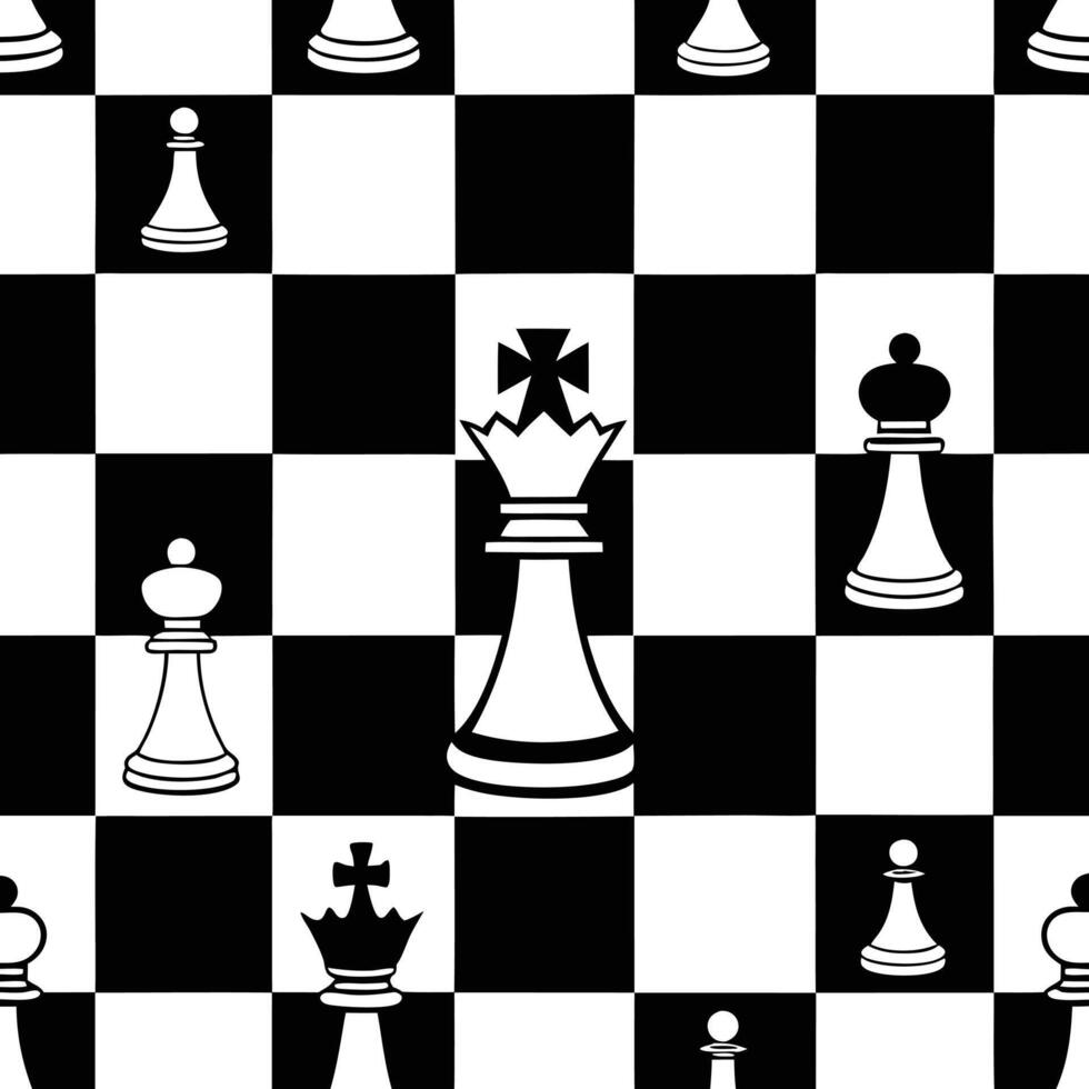 Chess Board Seamless Pattern, Black and White Squares with Chess Pieces Icon Style vector